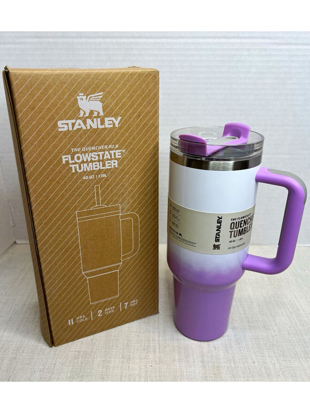 Stanley Quencher H2.0 FlowState Tumbler 40 oz Purple/White Handle Lid Straw